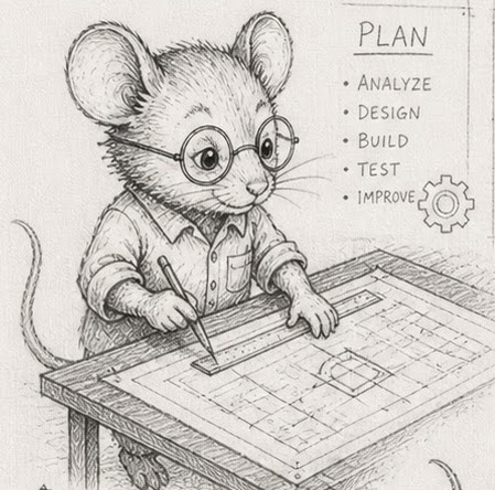 PLAN / ANALYZE / DESIGN / BUILD / TEST / IMPROVE — the planning DAG