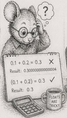 A mouse puzzling over 0.1 + 0.2 - floats are tricky, and the order of the additions decides the answer.