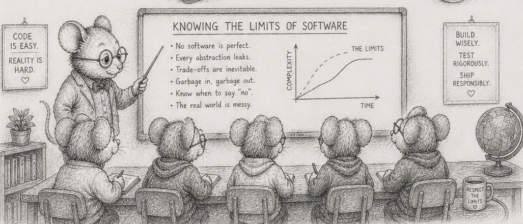 A professor mouse lecturing on the limits of software.